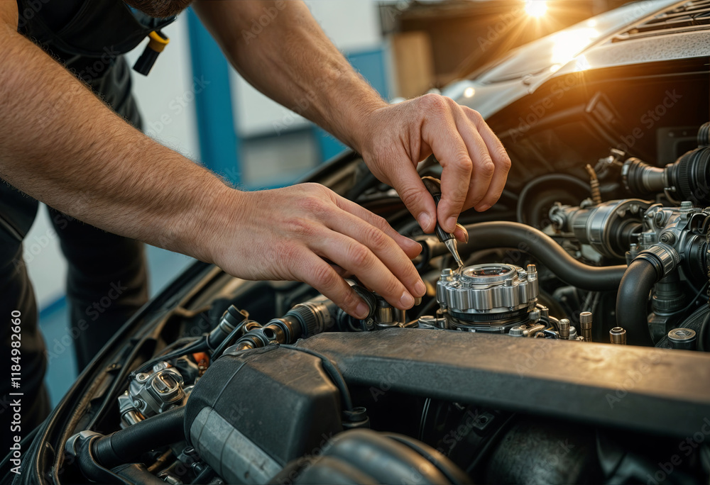Poster a mechanic is focused on repairing engine parts of a vehicle in a well-lit garage. tools are scatter