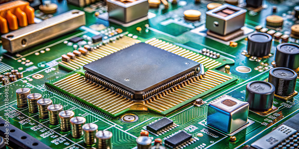 Poster a detailed look at a computer circuit board featuring a central processing unit surrounded by variou