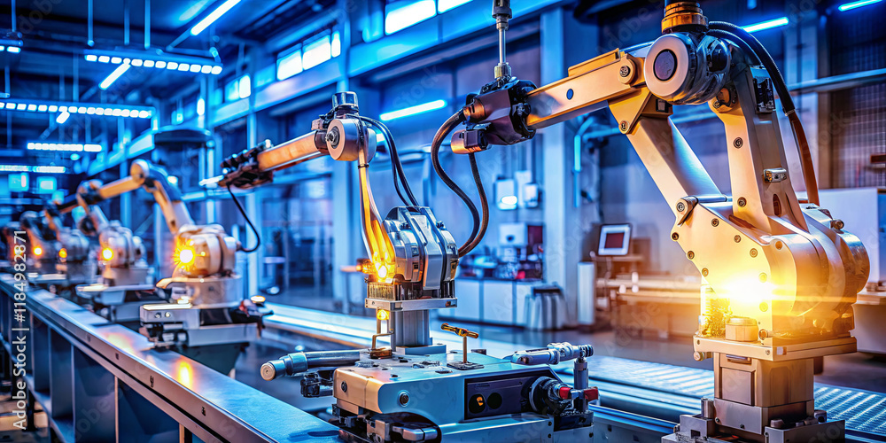 Poster robotic arms efficiently assemble components on a bustling assembly line in a high-tech manufacturin