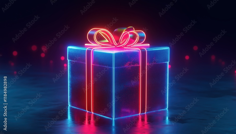 Poster Dark Neon Light Effect Gift Box Rendering Created With Skill And Precision, Perfect For Gifting Or Displaying In Various Settings.
