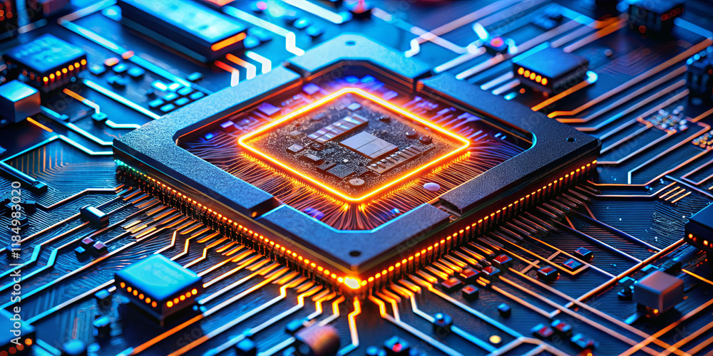 Poster a detailed view of an intricate circuit board showcases a central processor illuminated by dynamic l