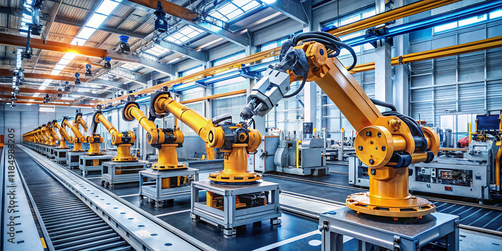 Poster high-tech robotic arms are actively performing assembly tasks in a spacious manufacturing facility. 