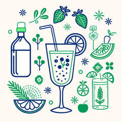 Mixology art, Stylish beverage illustrations with fruits and greens