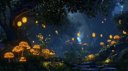 3D Rendered Nature Scene with Glowing Mushrooms and Lush Foliage