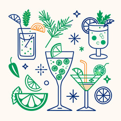 Cocktail garnishes, Colorful cocktail illustrations on light background
