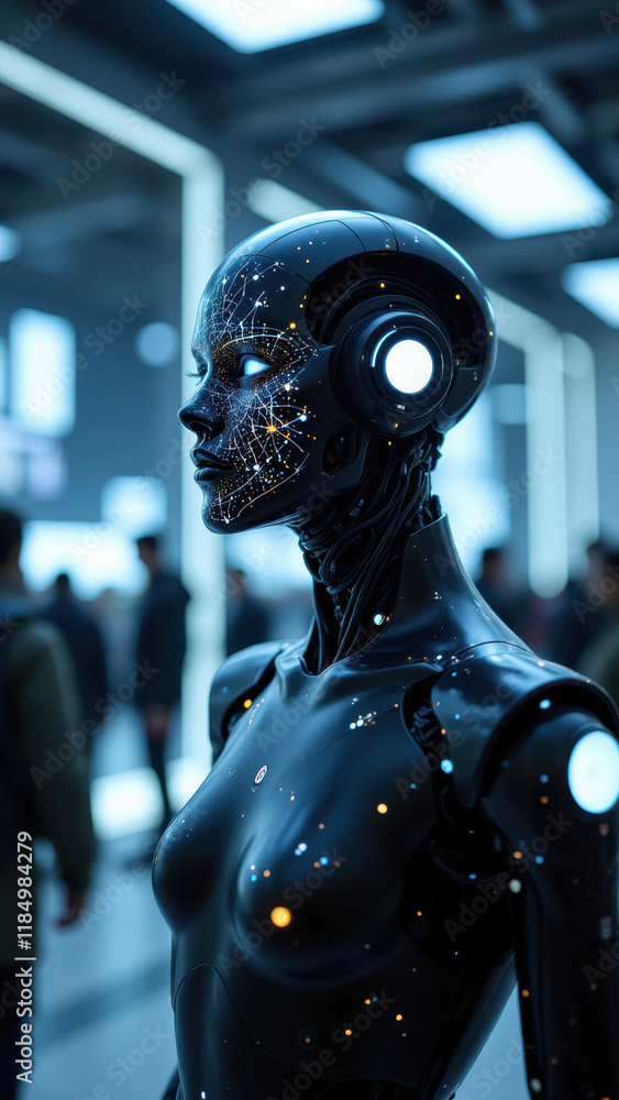 Poster an uncanny humanoid robot standing amidst a crowd of people in an indoor setting with futuristic des
