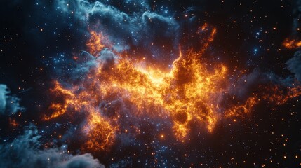 Naklejka premium A stunning cosmic nebula illuminated with vibrant orange and blue hues against a backdrop of stars.
