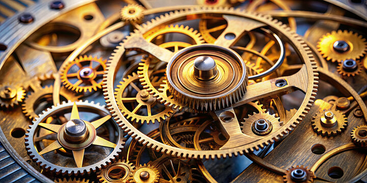 Detailed arrangement of brass gears and cogs highlights the artistry and engineering behind vintage clockwork mechanisms. This close-up emphasizes the beauty of mechanical design