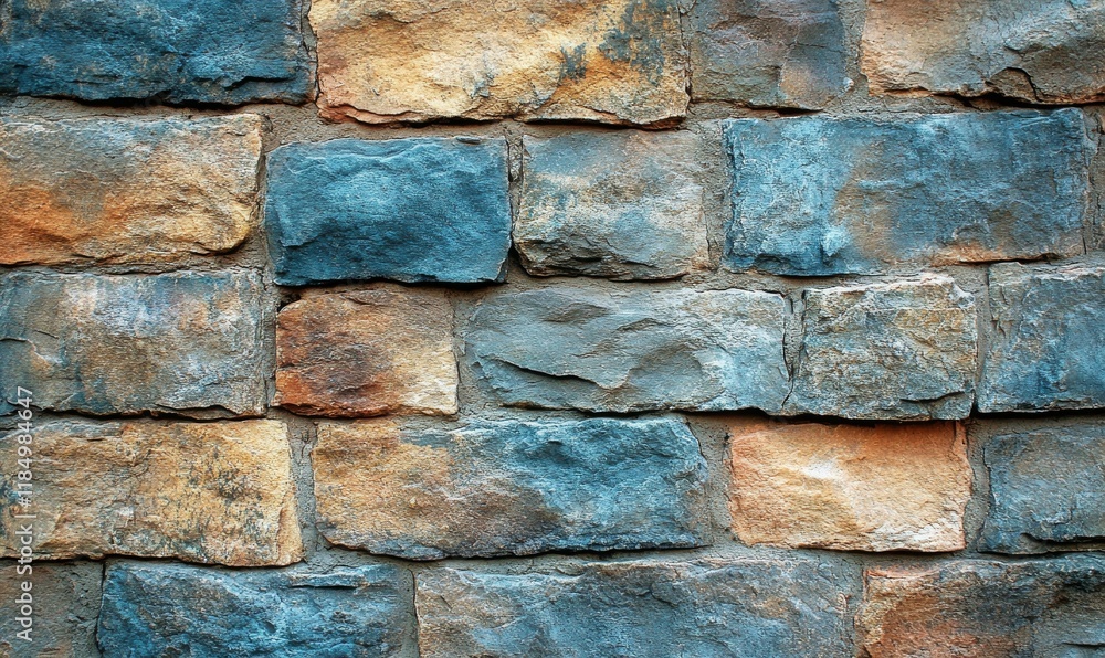 Poster wall with a textured surface that has a blue and orange color scheme. the wall appears to be made of