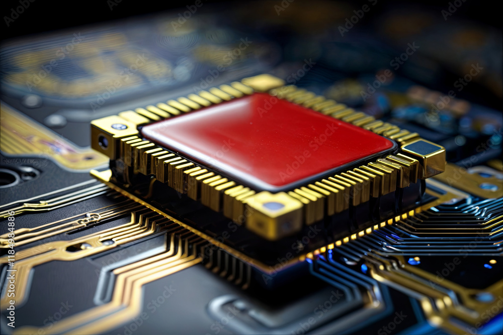 Poster a bright red computer chip is positioned prominently on a dark circuit board, highlighting the compl