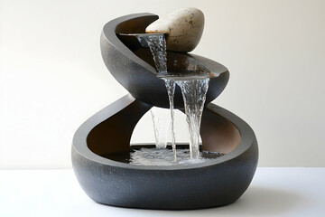Sleek modern fountain with water gracefully cascading into a tranquil pool with smooth stones