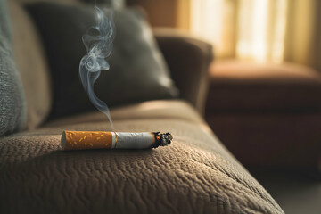 Smoking cigarette left on a sofa, highlighting the fire risk and importance of safety in home settings