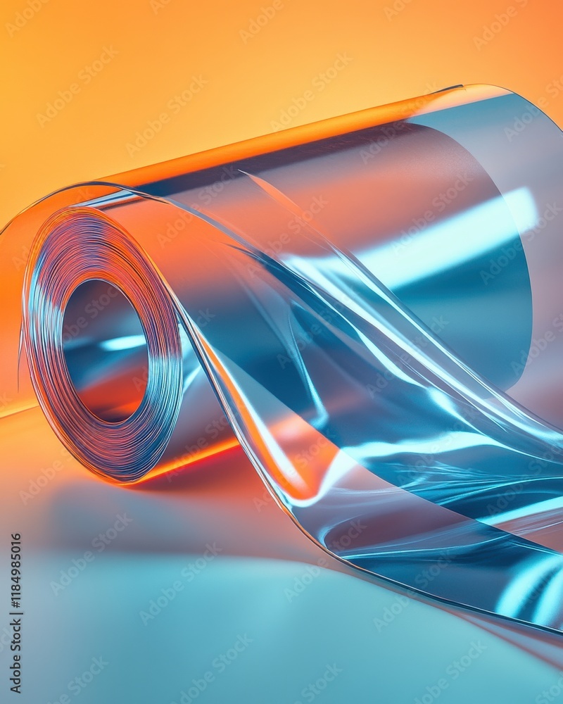 Poster a roll of transparent film creating dynamic reflections and vibrant colors in an abstract setting.