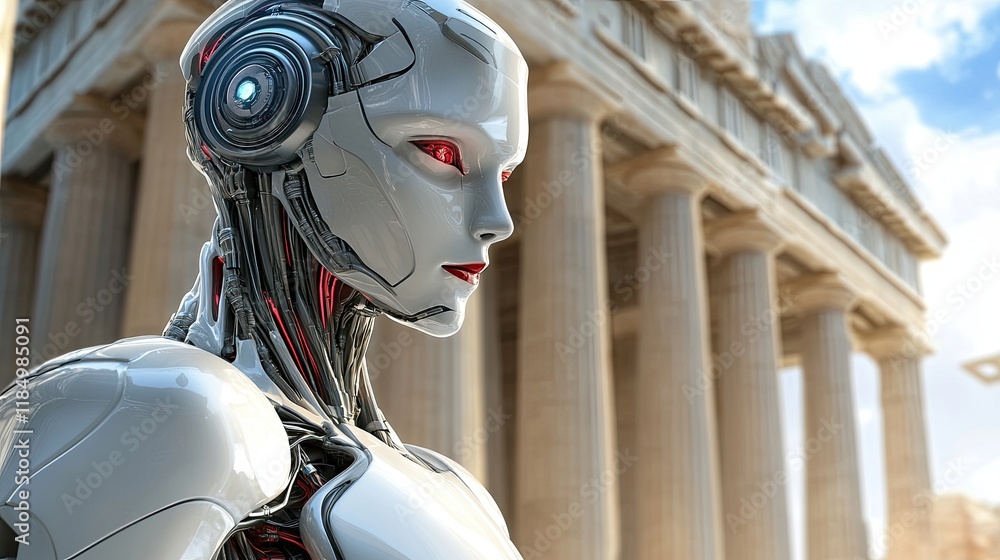 Poster an advanced robot situated in front of ancient structures