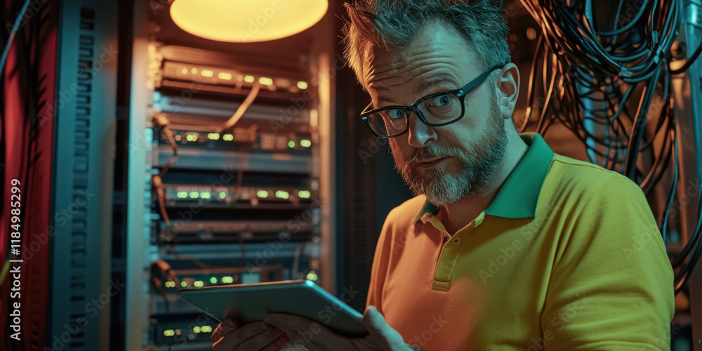 Poster a technician is focused on a tablet while surrounded by servers and tangled wires in a dimly lit ser