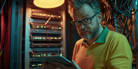 A technician is focused on a tablet while surrounded by servers and tangled wires in a dimly lit server room during the evening. The atmosphere is both technical and busy.