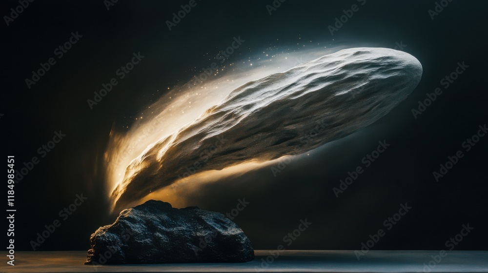 Poster a mesmerizing abstract representation of a stone emitting glowing, ethereal particles in a dark sett