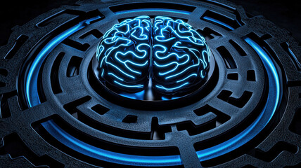 Glowing Blue Brain in Center of Circular Maze Representing Artificial Intelligence Concept
