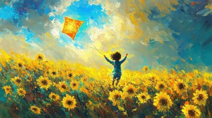 Child Flying Kite In Sunflower Field