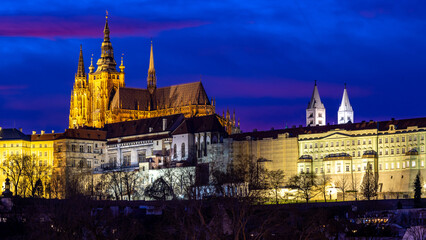 Fototapeta premium Blue hour after a fiery sunset over historic Prague - with a detail of the iconic Prague Castle