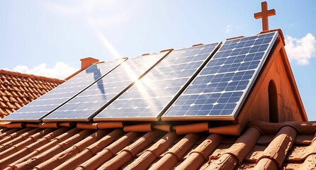 solar panels on church roof close up view 