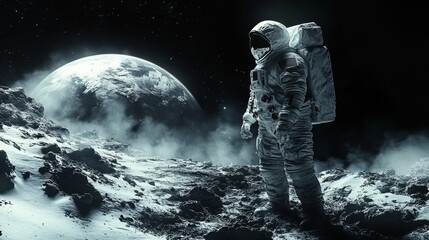 Fototapeta premium Astronaut Standing on the Moon's Surface Gazing at Earth