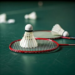A badminton racket and shuttlecock in mid-air, captured in motion, with a clean background or court setting, emphasizing the sport's dynamic and fast-paced action.

