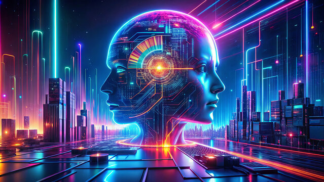 A vibrant cityscape illuminated by neon lights showcases two human profiles that merge with digital circuits. The atmosphere is surreal and tech-inspired, highlighting innovation