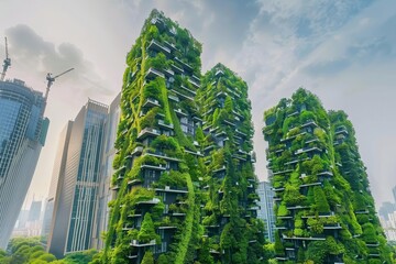 Obraz premium Lush green skyscrapers showcasing vertical gardens and sustainable architecture in an urban setting.