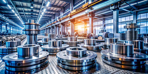 Fototapeta premium A manufacturing facility showcases a variety of precision metal components arranged on tables, with shafts and gears glistening in the warm glow of evening light through large windows