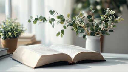 Open book, plants, and sunlight on a table.