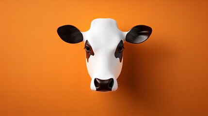 A close-up shot of a cow's head against a vibrant orange background.  The contrast is striking and creates a bold image.