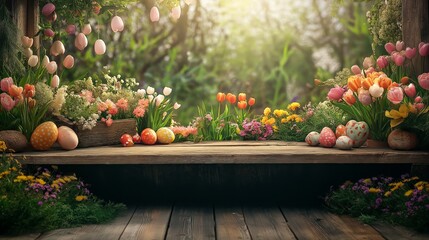 Wooden table with easter or spring theme blurred background