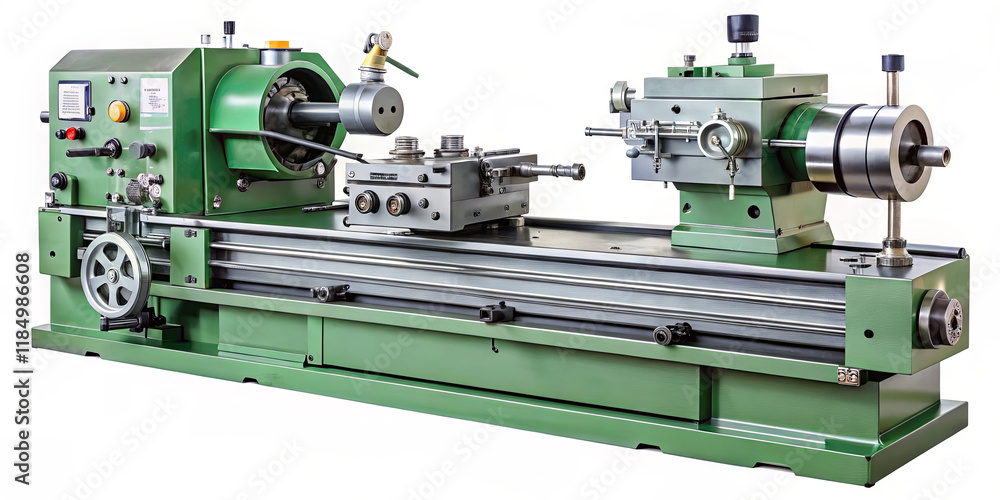 Poster a precision lathe machine is set up in a workshop, equipped for machining metal components. the mach