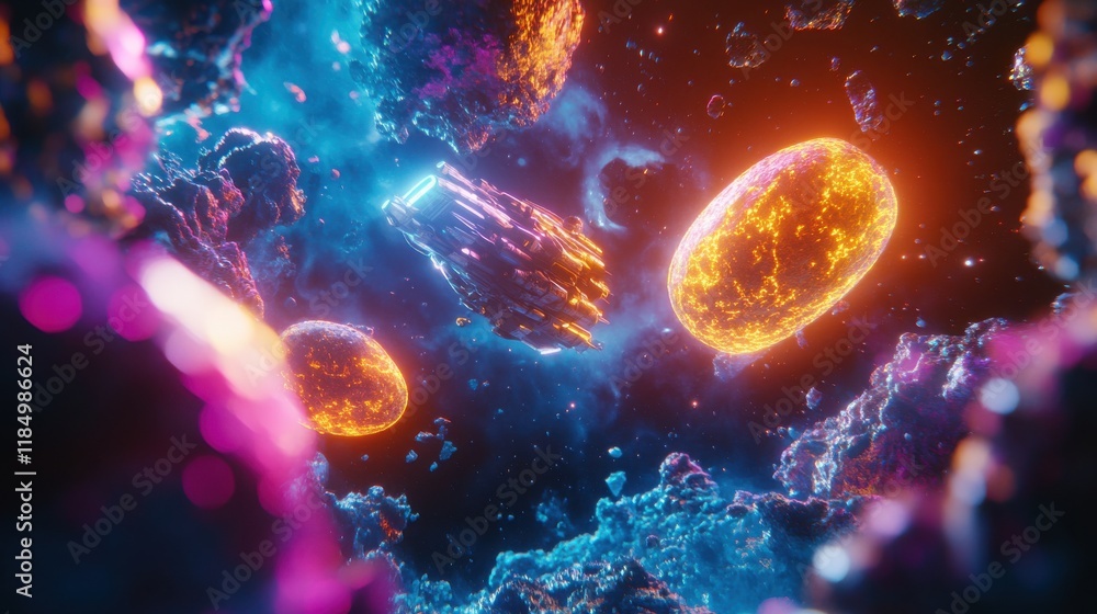Poster a vibrant cosmic scene featuring a futuristic spacecraft navigating through colorful asteroids and g