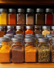 A colorful and organized display of jars filled with various spices and herbs in clear containers.