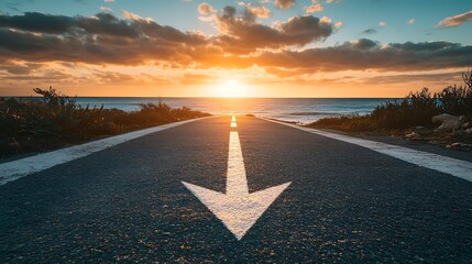 Straight New Roads with Beautiful Sides and an Arrow Sign Pointing the Way to Success