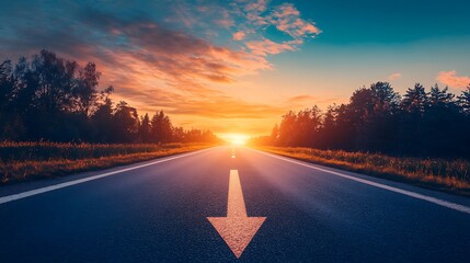 Straight New Roads with Beautiful Sides and an Arrow Sign Pointing the Way to Success