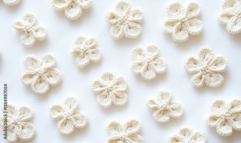 Poster white background with a pattern of white flowers. the flowers are made of yarn and are arranged in a