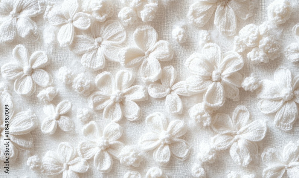 Poster white background with a pattern of white flowers. the flowers are made of yarn and are arranged in a
