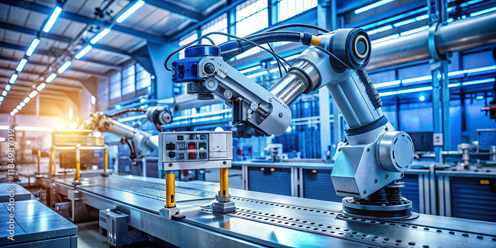 Poster advanced robotic arms are seen efficiently performing tasks on an assembly line in a bright manufact