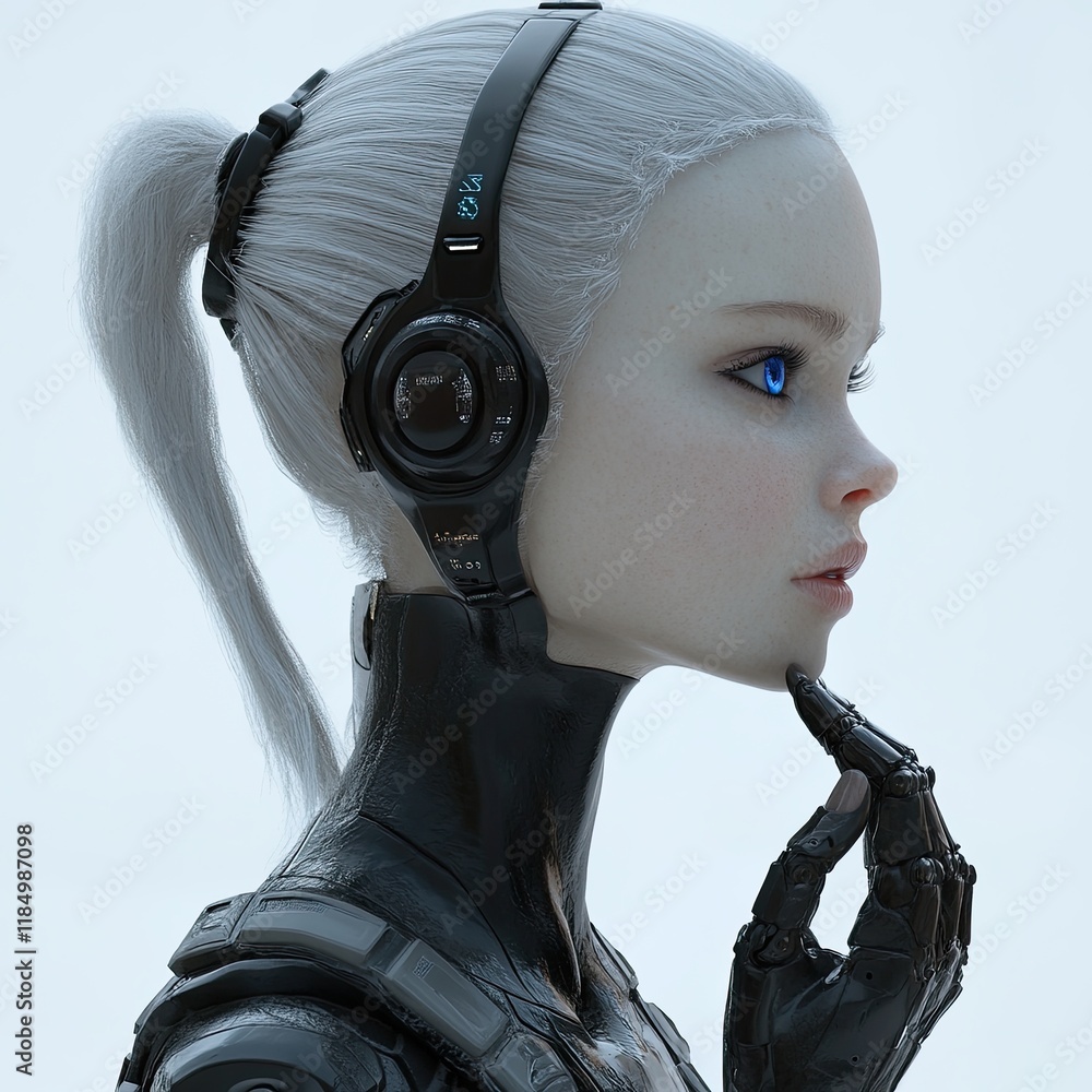 Aufkleber side view of an ai robot in thought, isolated on a clear background