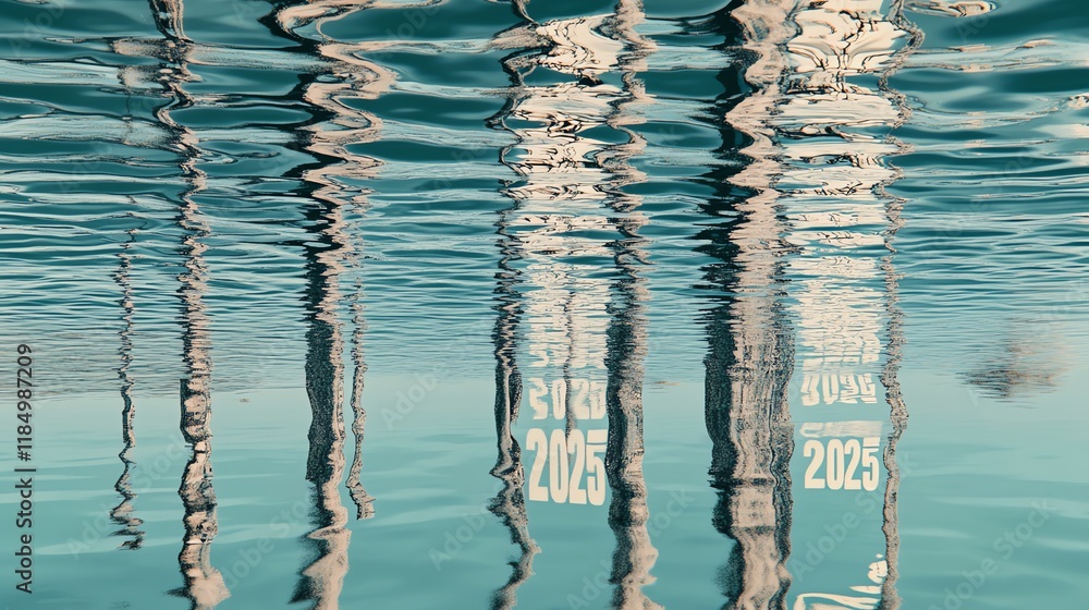 Poster reflections of a sign in water, creating a serene and abstract visual effect.