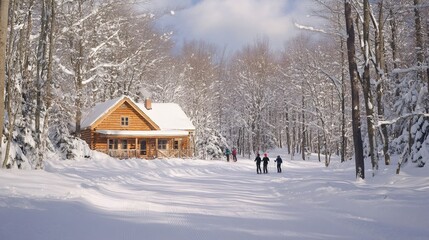 Tourists cross-country skiing near wooden cabin in snowy forest