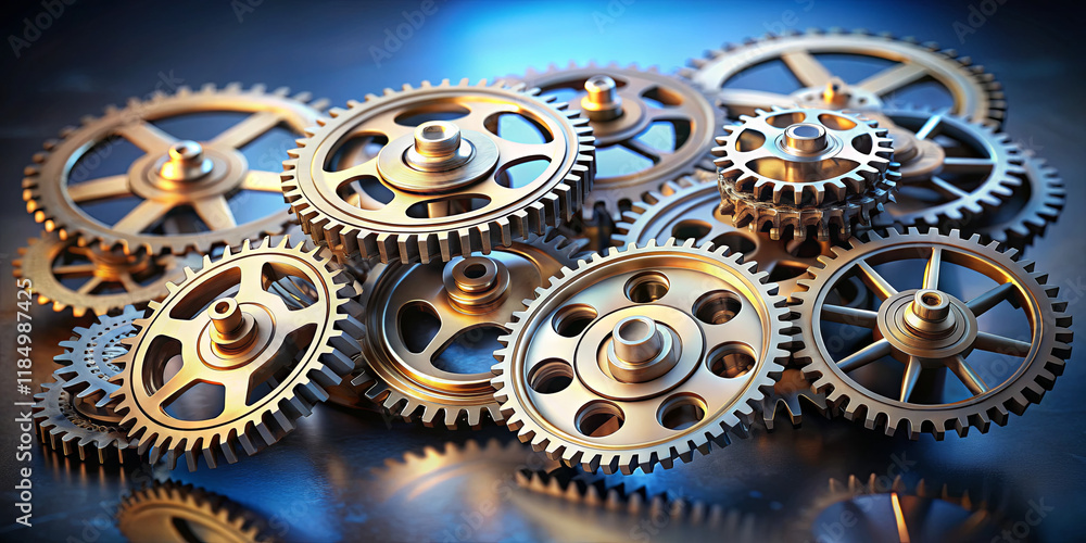 Poster a collection of various metallic gears is stacked and arranged artistically, highlighting intricate 