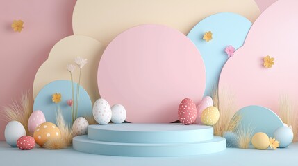 Set of 3D happy easter day background. Platforms mockup product display. Abstract composition minimal design. Stage showcase.