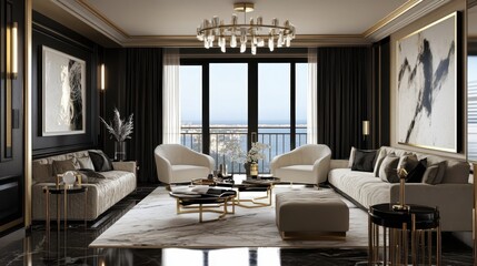 Luxurious living room, dark walls, golden accents, chandelier, floor-to-ceiling windows, city view, velvet sofa, marble coffee table, abstract art, plush carpet, mood lighting, high-end interior desig