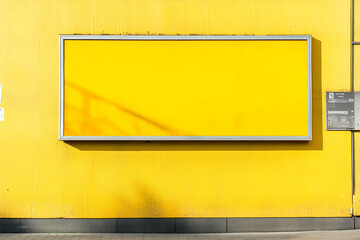 Wall-mounted billboard on a vibrant yellow wall in an urban setting, ideal for outdoor advertising and signage displays