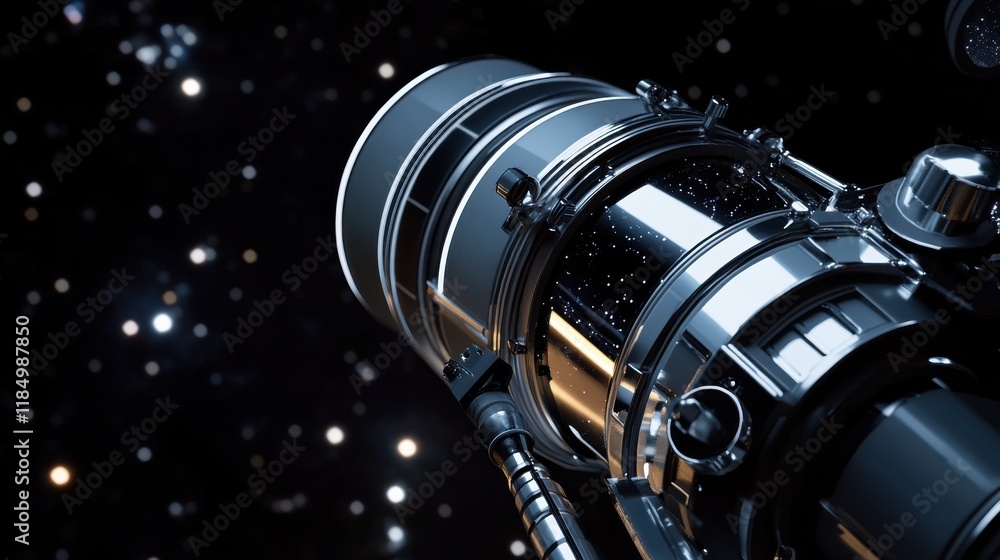 Poster close-up of a sleek telescope exploring the vastness of space, featuring intricate metallic details 