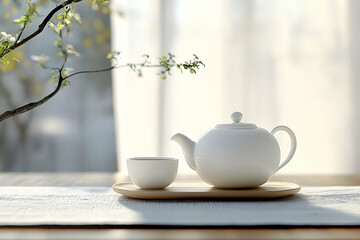 White teapot and matching cup on a wooden table in a tranquil tea-time setting